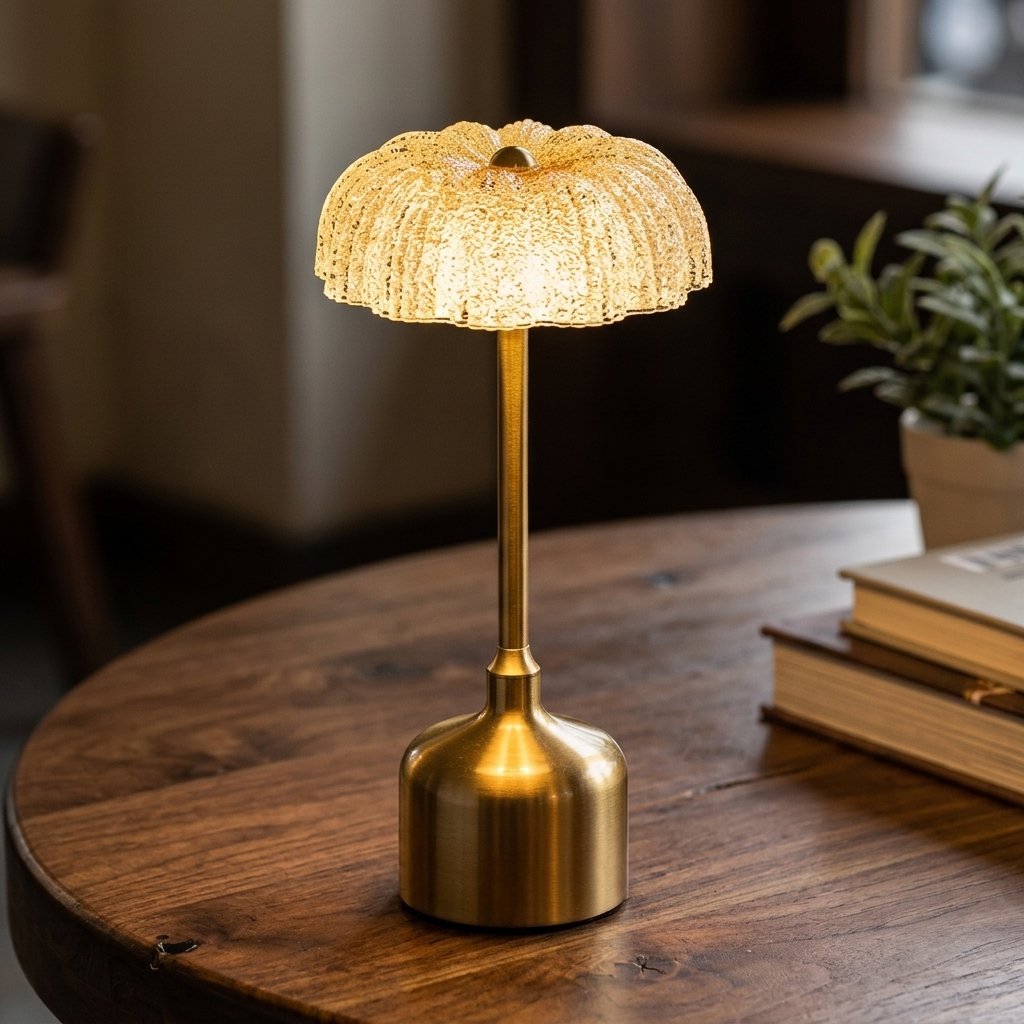 Lamp_on_table_close_up_20261022121741 Lampe de table sans fil dorée LED tactile – Image 1