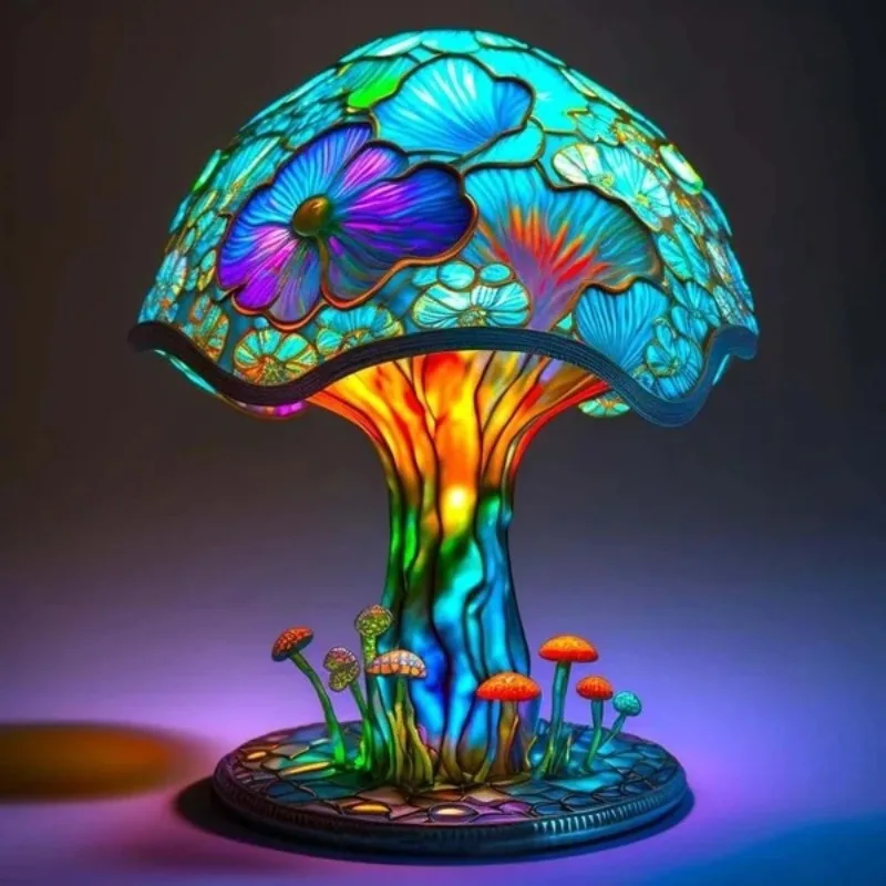 kf-S5e2985cc47324425bc910252966a7a35m Lampe de chevet champignon psychédélique vitrail – Image 1